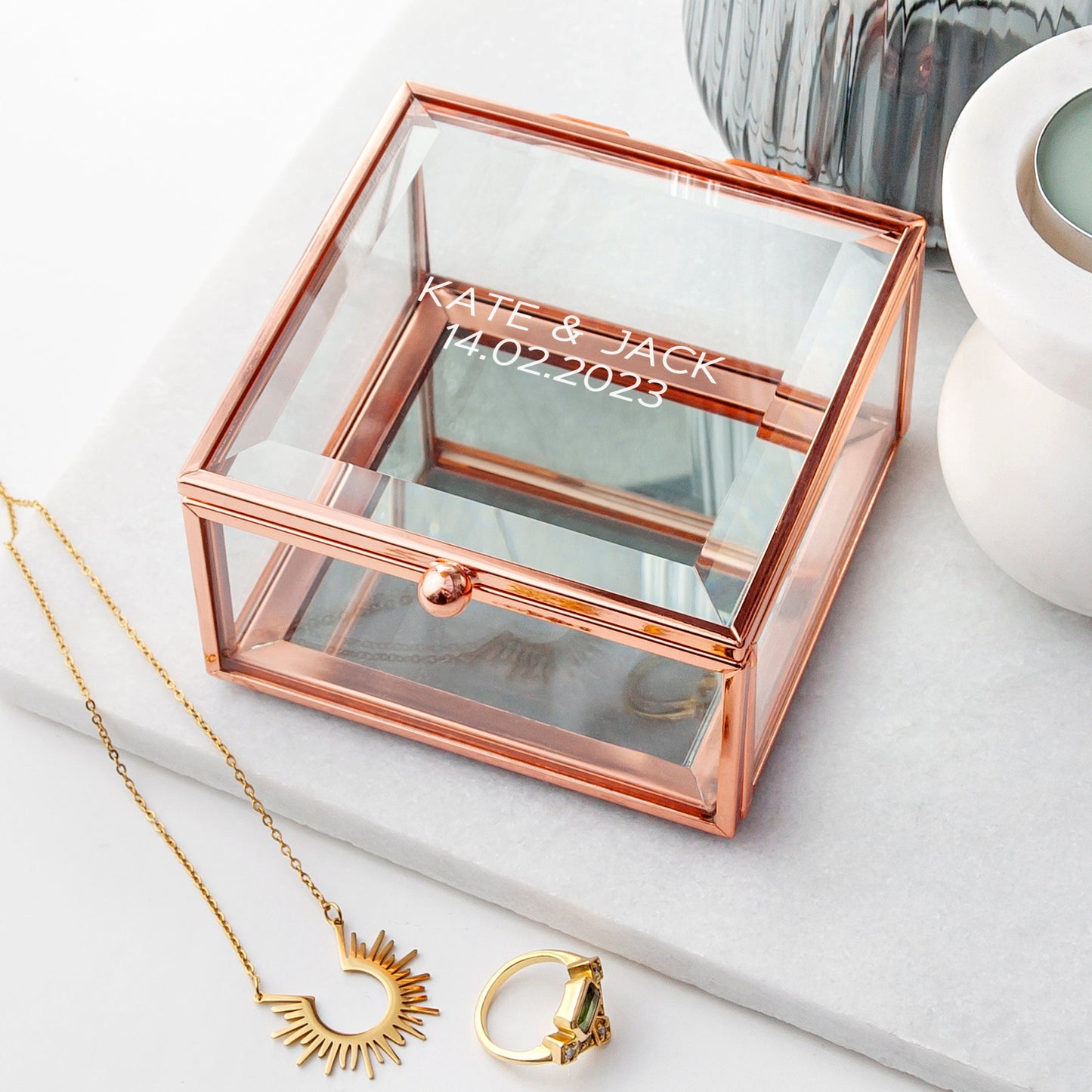 Personalised Rose Gold Glass Trinket Boxes: 6 - Etched - Trinket Boxes By Gift Moments