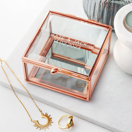 Personalised Rose Gold Glass Trinket Boxes: 6 Etched Trinket Boxes By Gift Moments