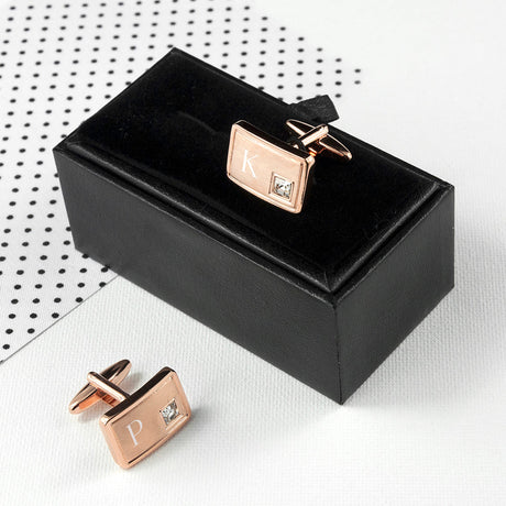 Personalised Rose Gold Plated Cufflinks With Crystal: 1 Cufflinks & Tie Slides By Gift Moments
