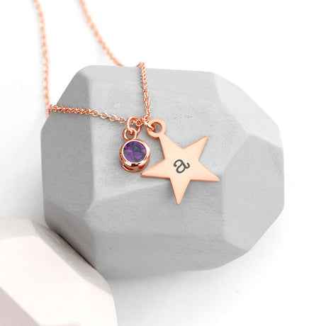 Personalised Rose Gold Star Birthstone Necklaces: 7 - February - Necklaces By Gift Moments