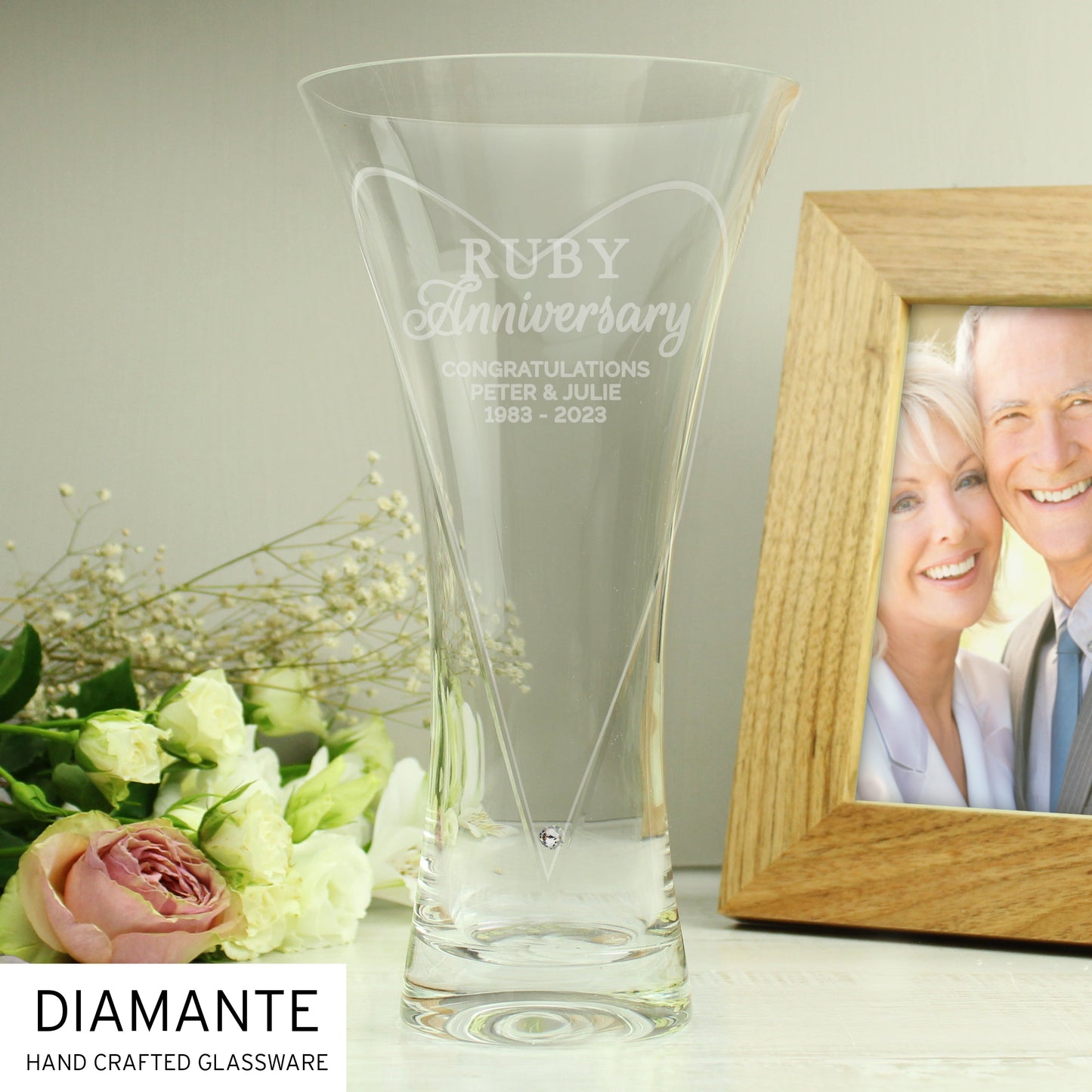 Personalised Ruby Anniversary Large Hand Cut Diamante Heart Vase: 2 - Vases By Gift Moments