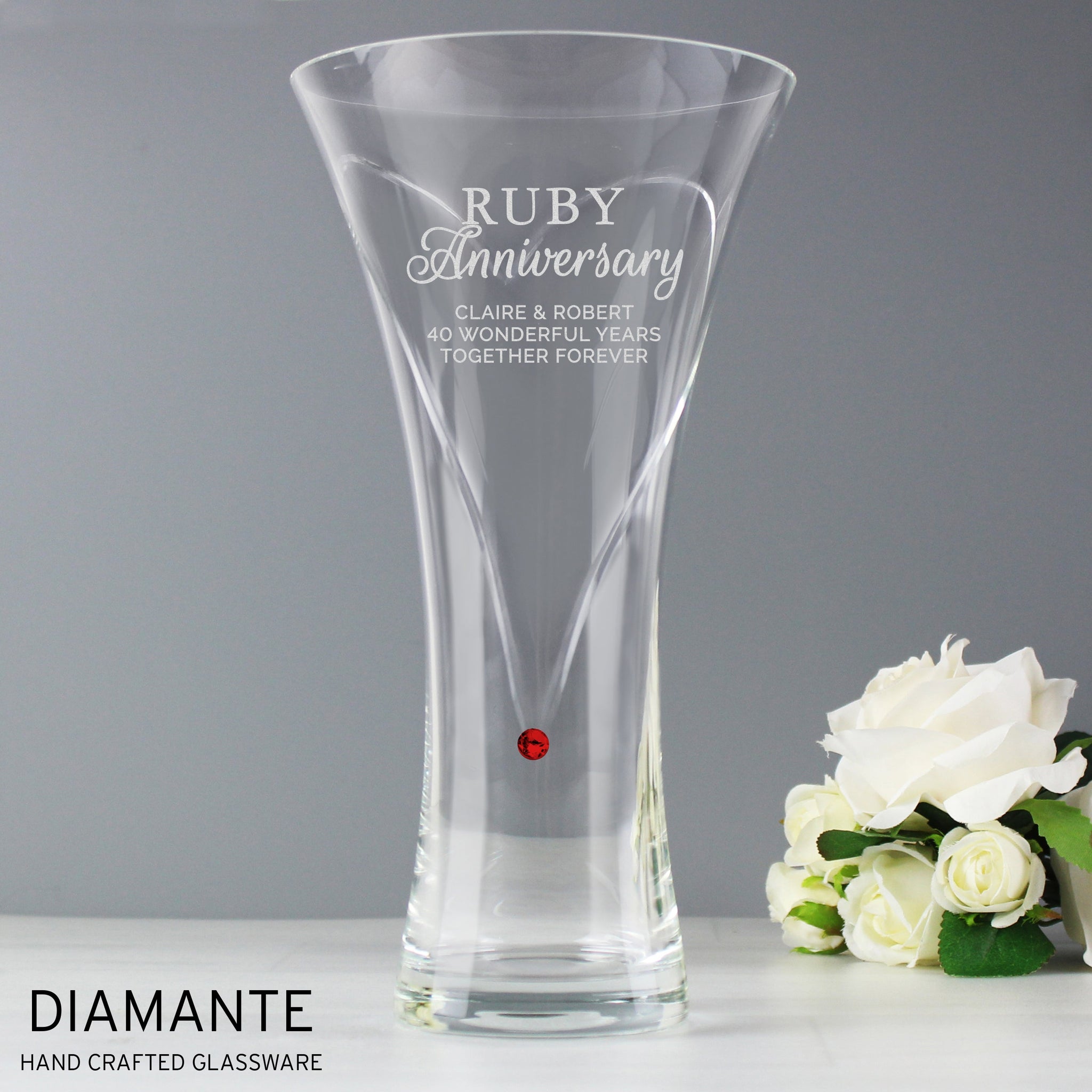 Personalised Ruby Anniversary Large Hand Cut Diamante Heart Vase: 2 - Vases By Gift Moments