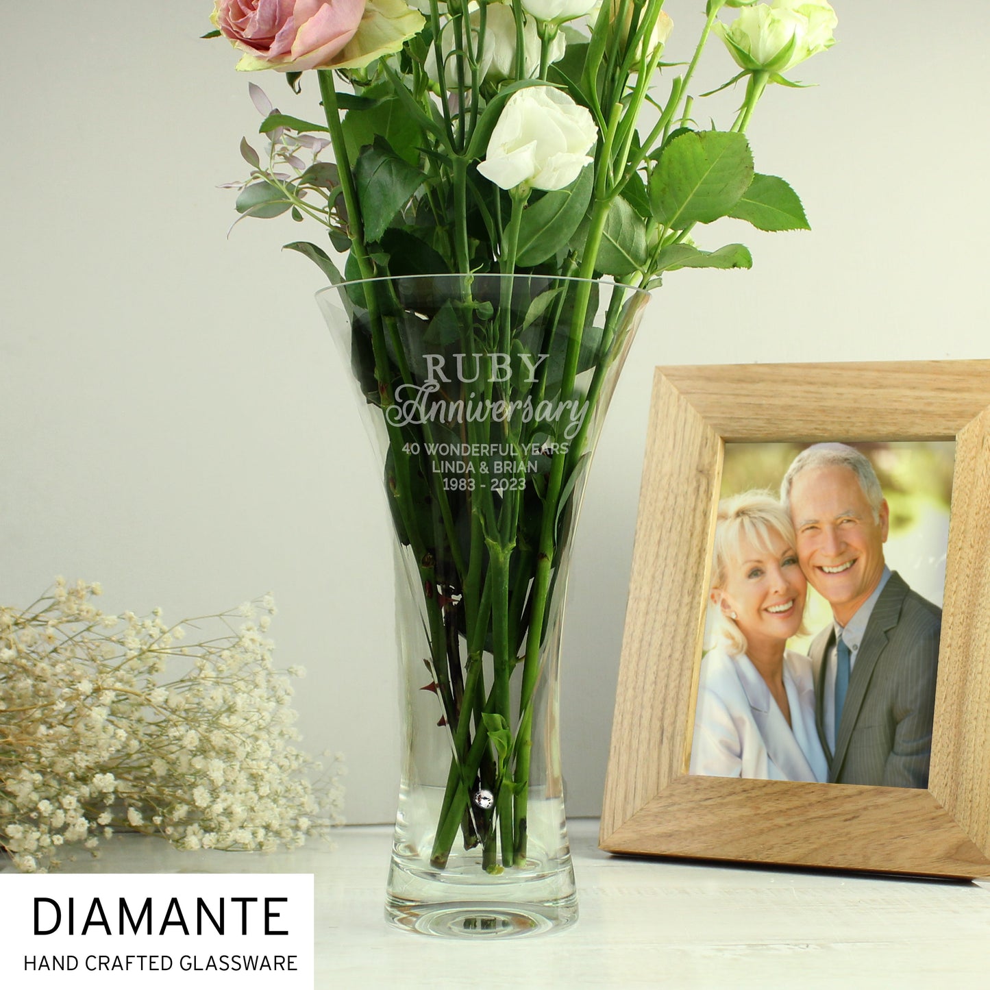 Personalised Ruby Anniversary Large Hand Cut Diamante Heart Vase: 3 - Vases By Gift Moments
