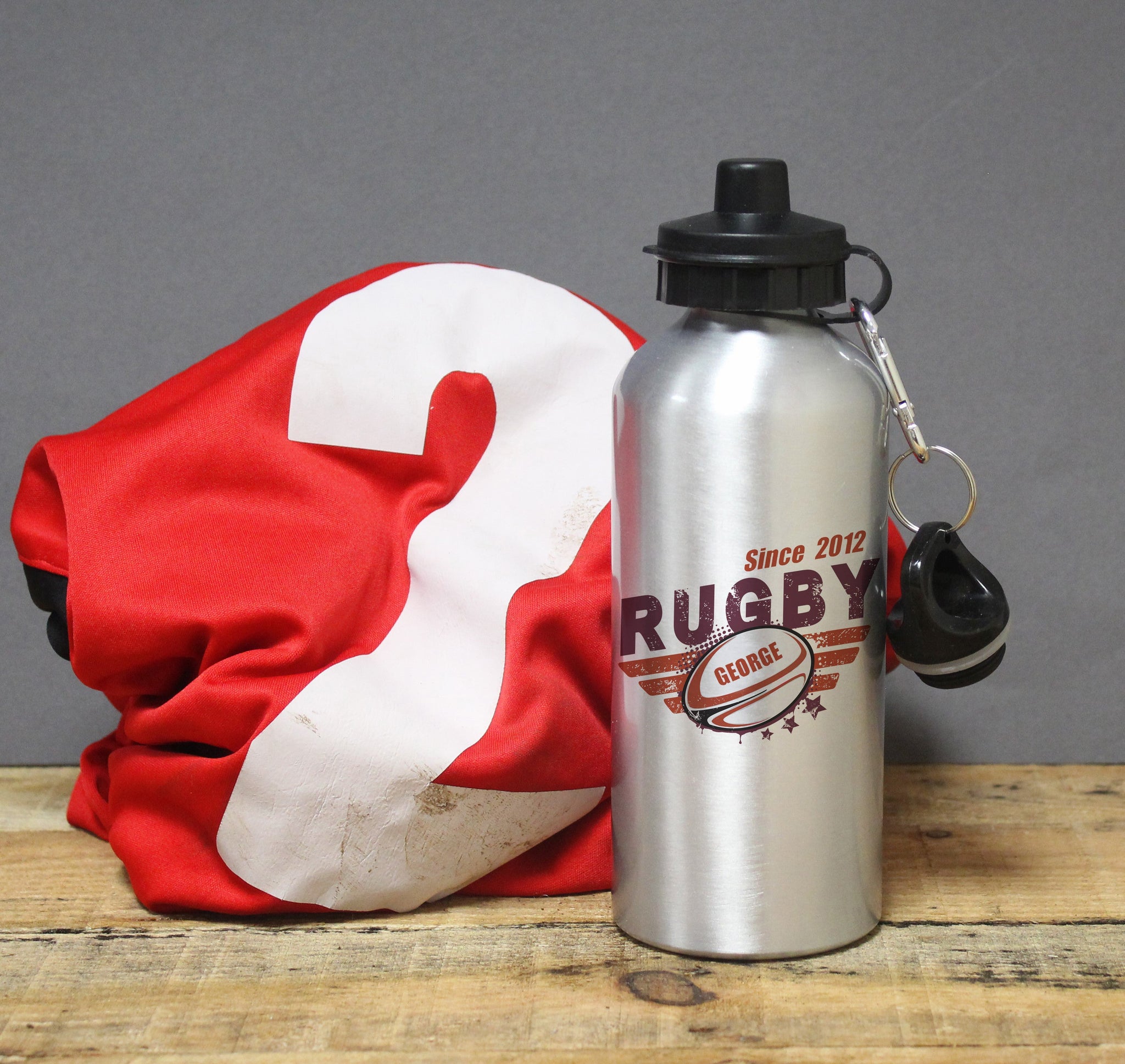 Personalised Rugby Silver Drinks Bottle: 1 - Kids Bottles By Gift Moments
