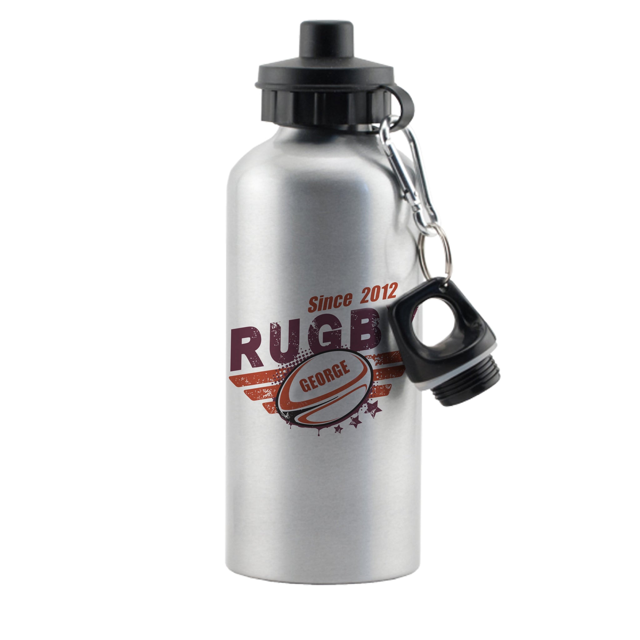 Personalised Rugby Silver Drinks Bottle: 2 - Kids Bottles By Gift Moments