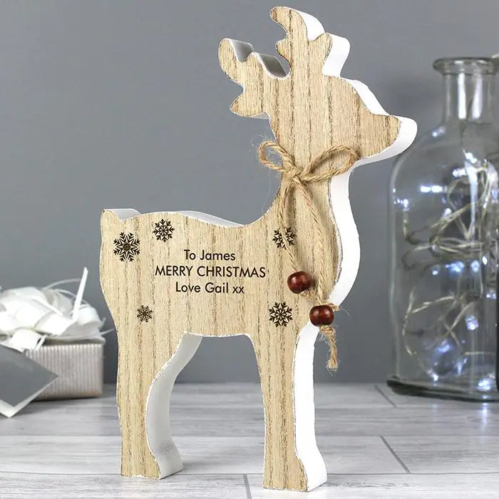 Personalised Rustic Wooden Reindeer Decoration: 4 - Christmas Decorations By Gift Moments