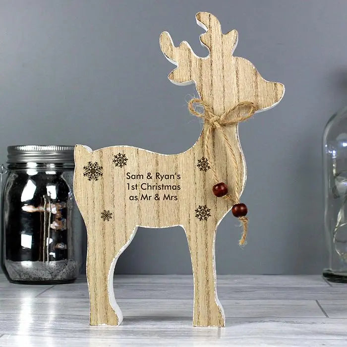 Personalised Rustic Wooden Reindeer Decoration: 2 - Christmas Decorations By Gift Moments