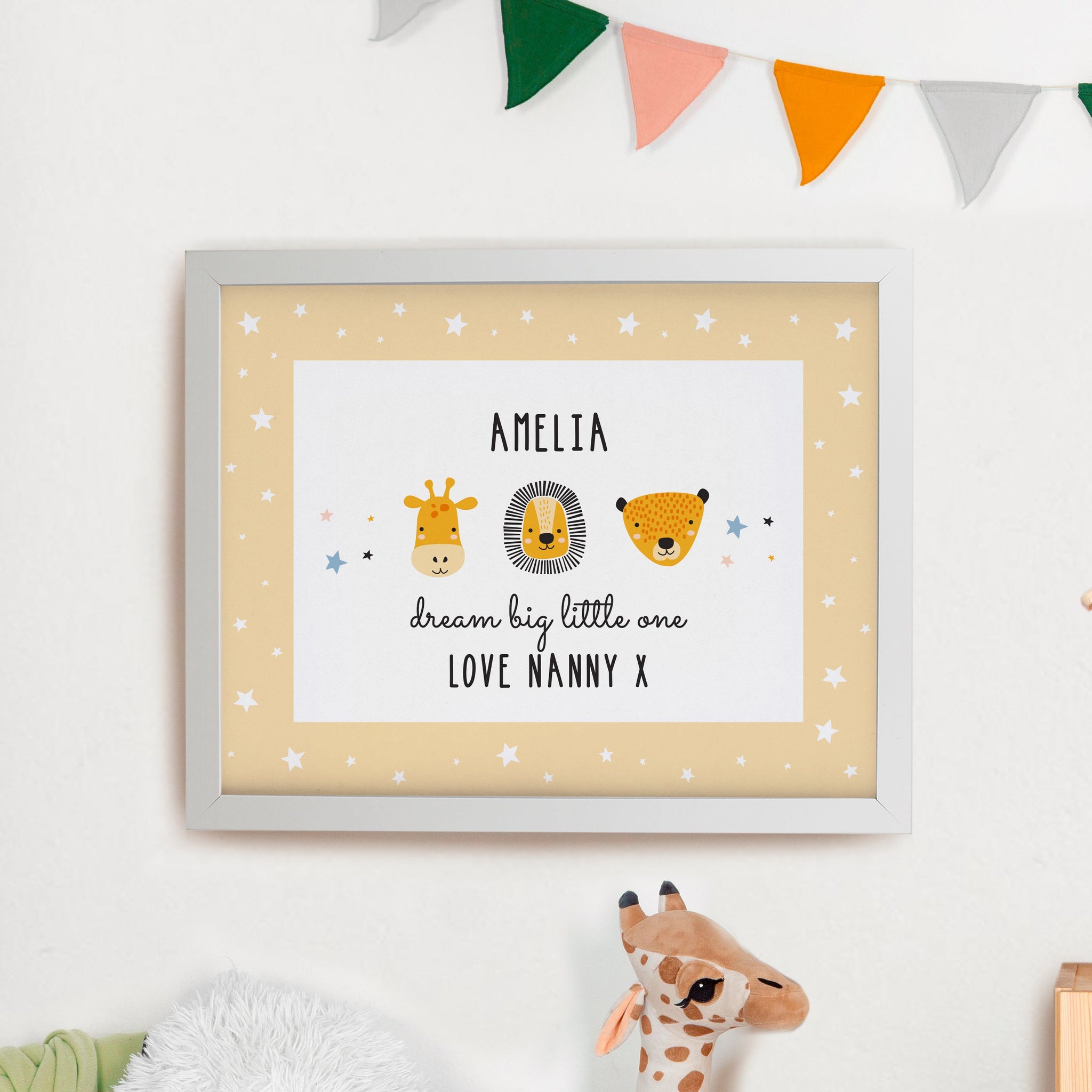 Personalised Safari Animals Framed Prints: 3 - White - Framed Prints By Gift Moments