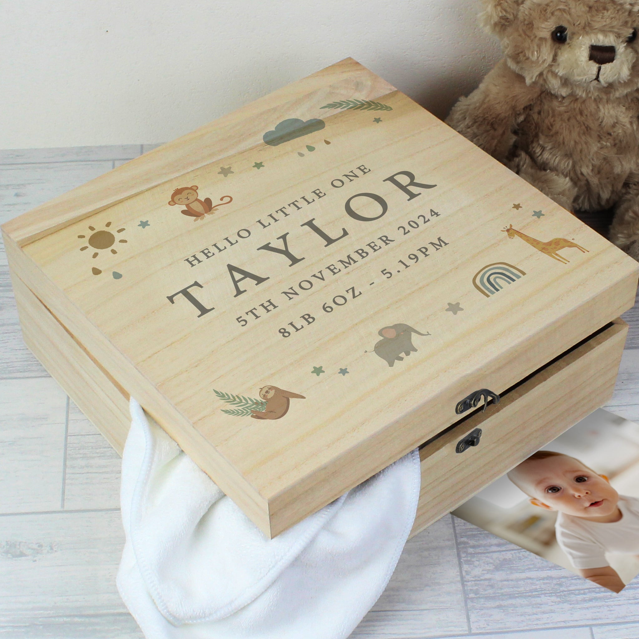 Personalised Safari Animals Large Wooden Keepsake Box: 4 - Keepsake Boxes By Gift Moments