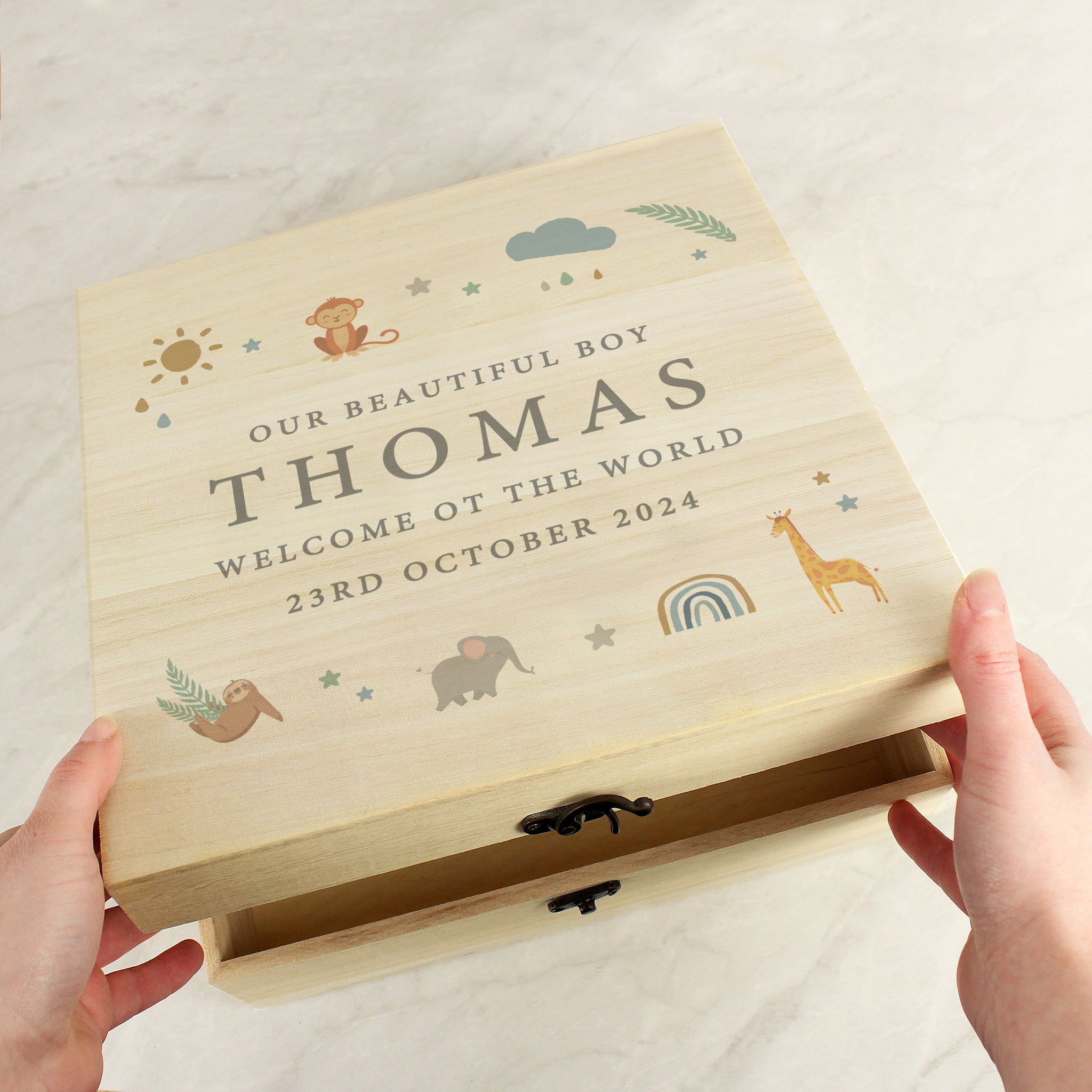 Personalised Safari Animals Large Wooden Keepsake Box: 3 - Keepsake Boxes By Gift Moments