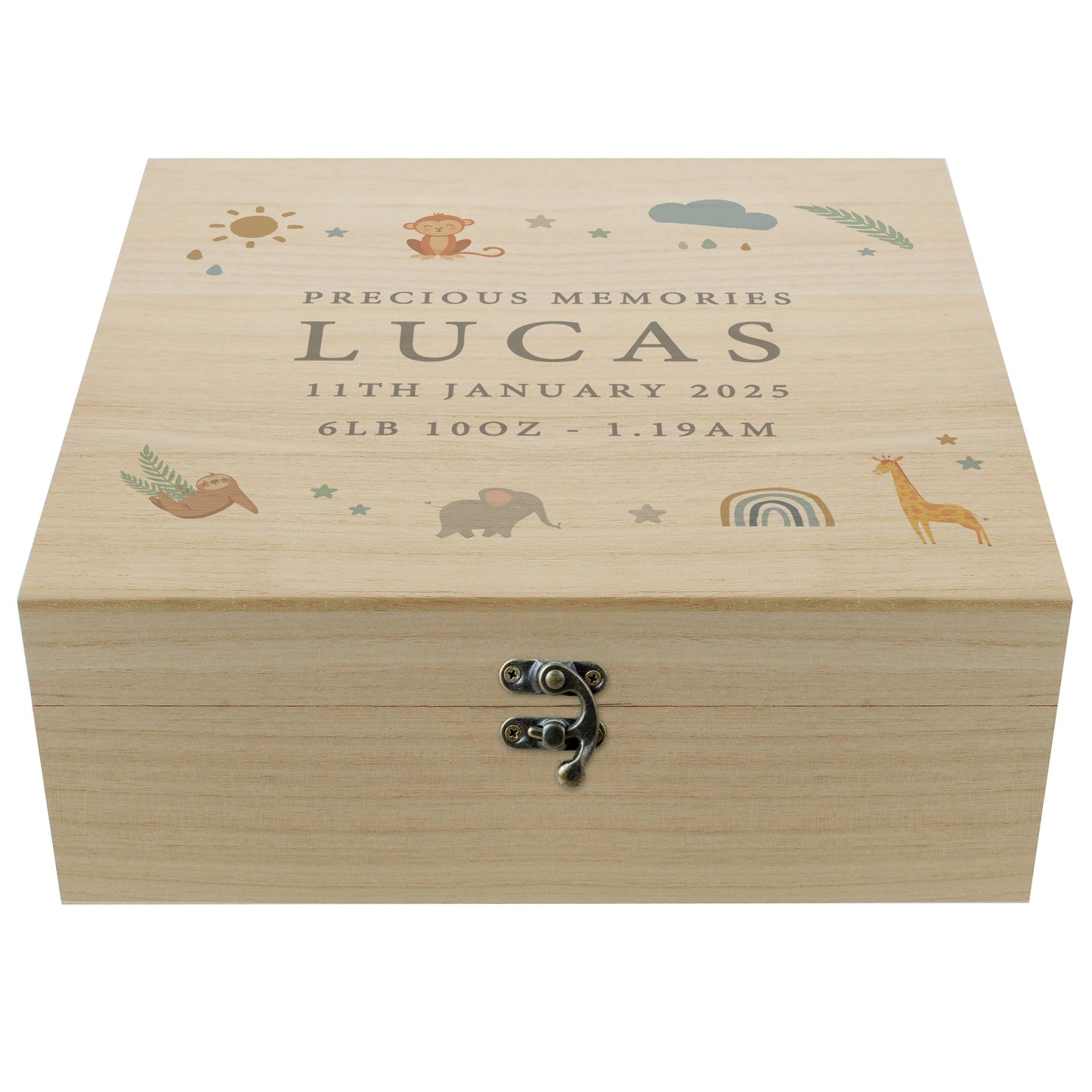 Personalised Safari Animals Large Wooden Keepsake Box: 5 - Keepsake Boxes By Gift Moments