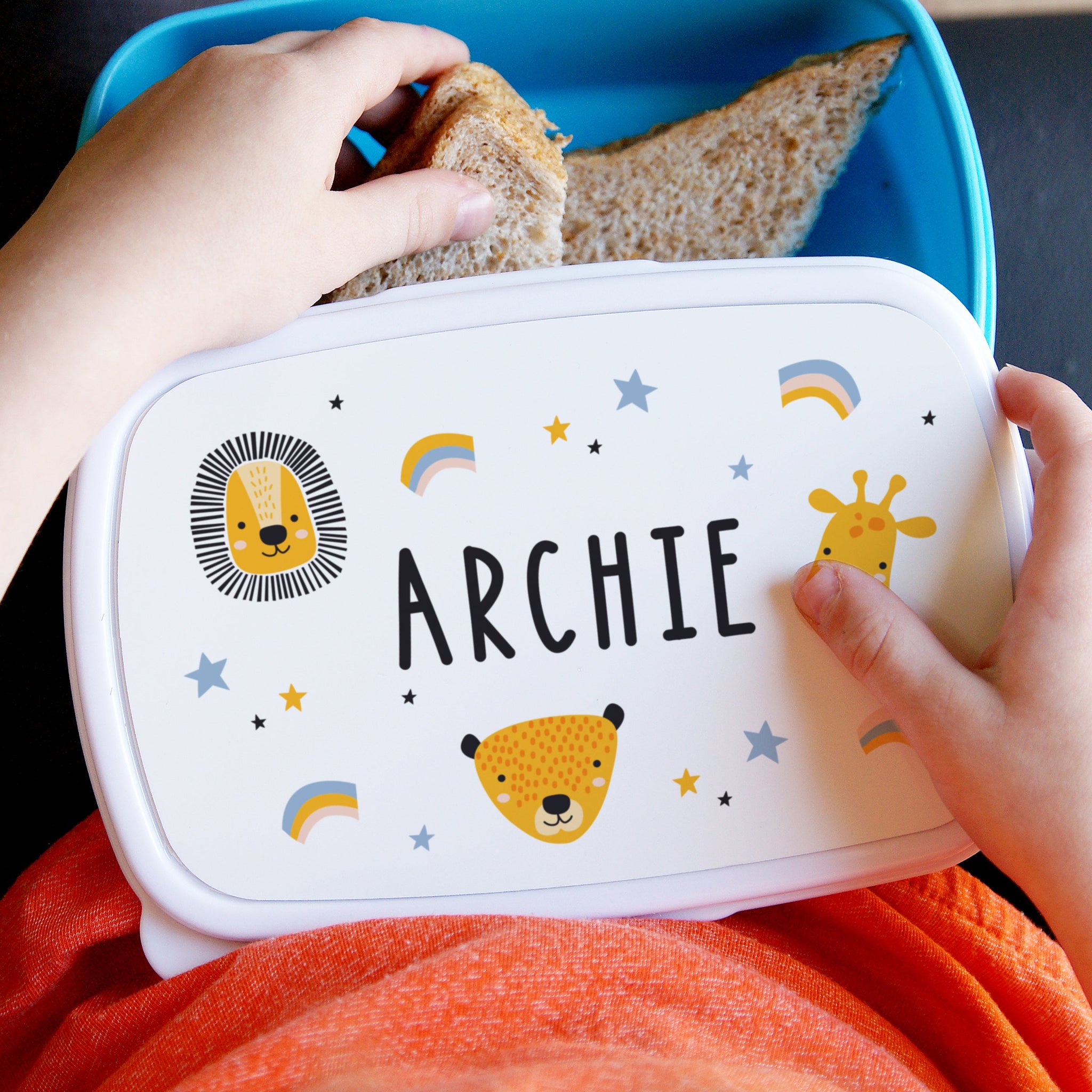 Personalised Safari Animals Name Only Blue Lunch Box: 1 - Lunch Boxes & Bags By Gift Moments