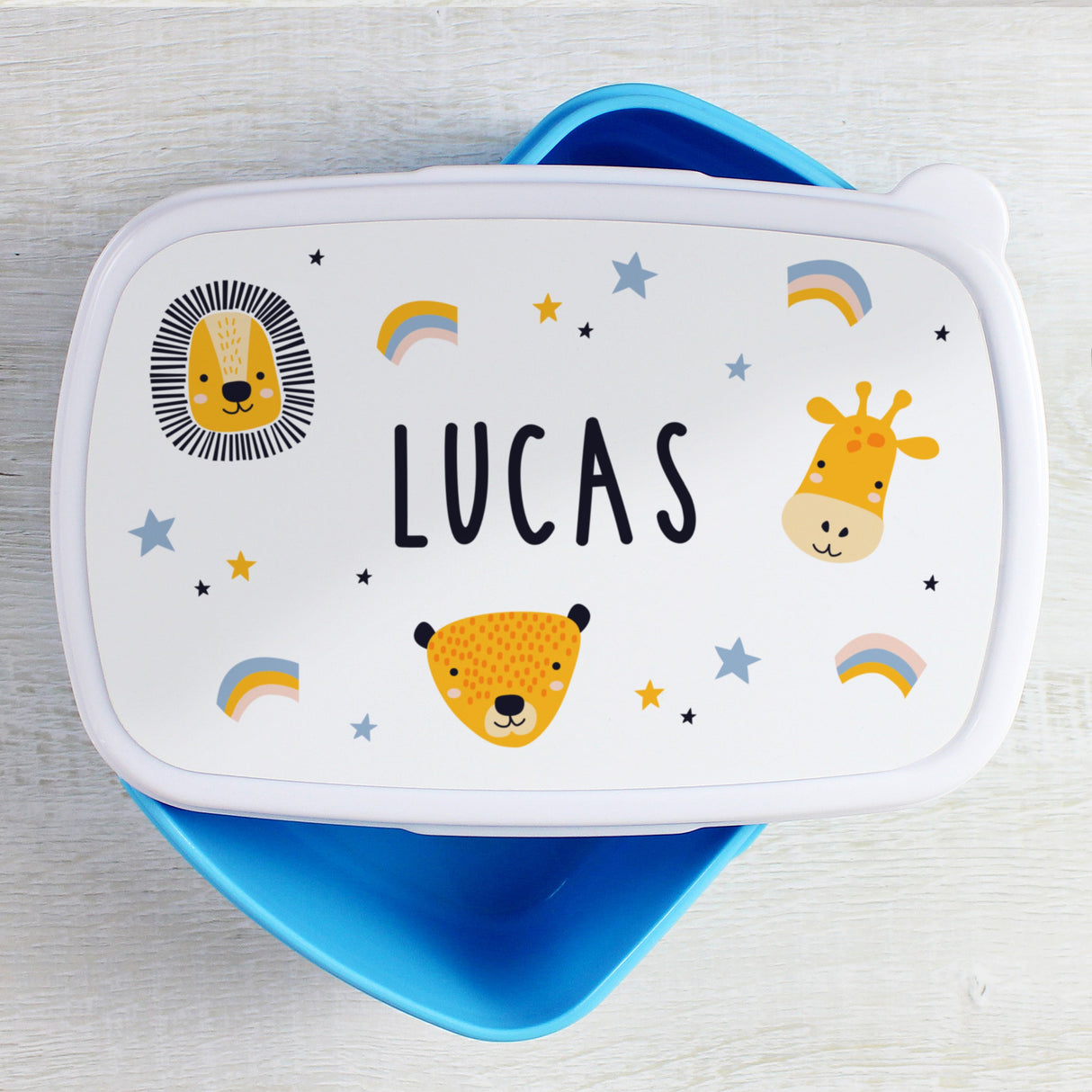 Personalised Safari Animals Name Only Blue Lunch Box: 4 - Lunch Boxes & Bags By Gift Moments