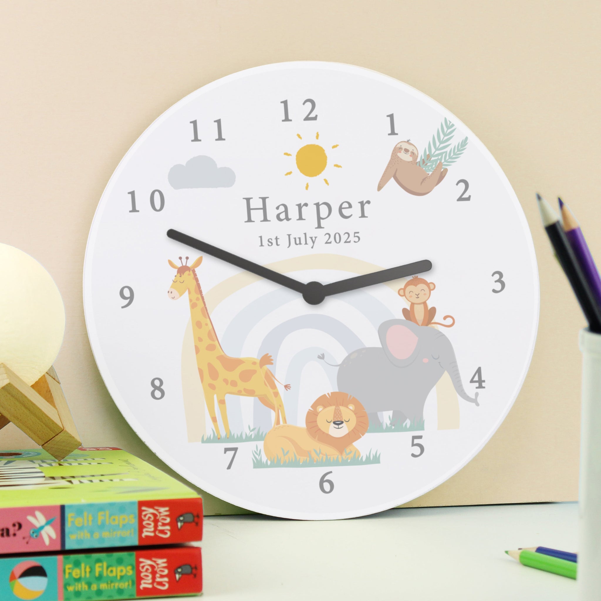 Personalised Safari Animals Nursery Wall Clock: 1 - Clocks By Gift Moments