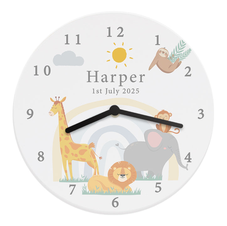 Personalised Safari Animals Nursery Wall Clock: 5 - Clocks By Gift Moments
