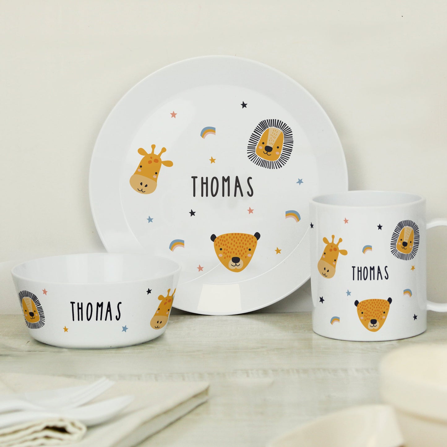 Personalised Safari Animals Plastic Childrens Breakfast Set: 2 - Tableware By Gift Moments