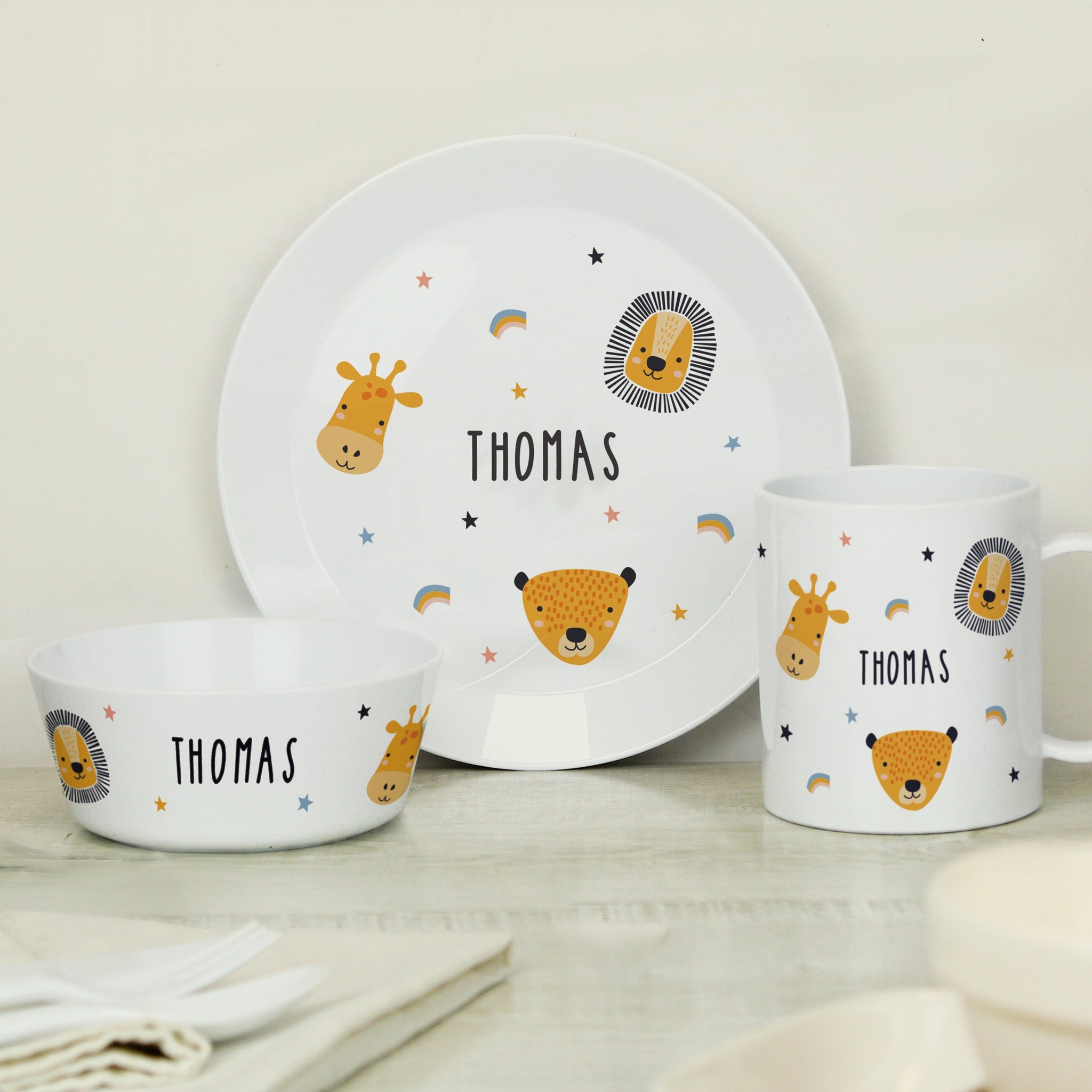 Personalised Safari Animals Plastic Childrens Breakfast Set: 2 - Tableware By Gift Moments