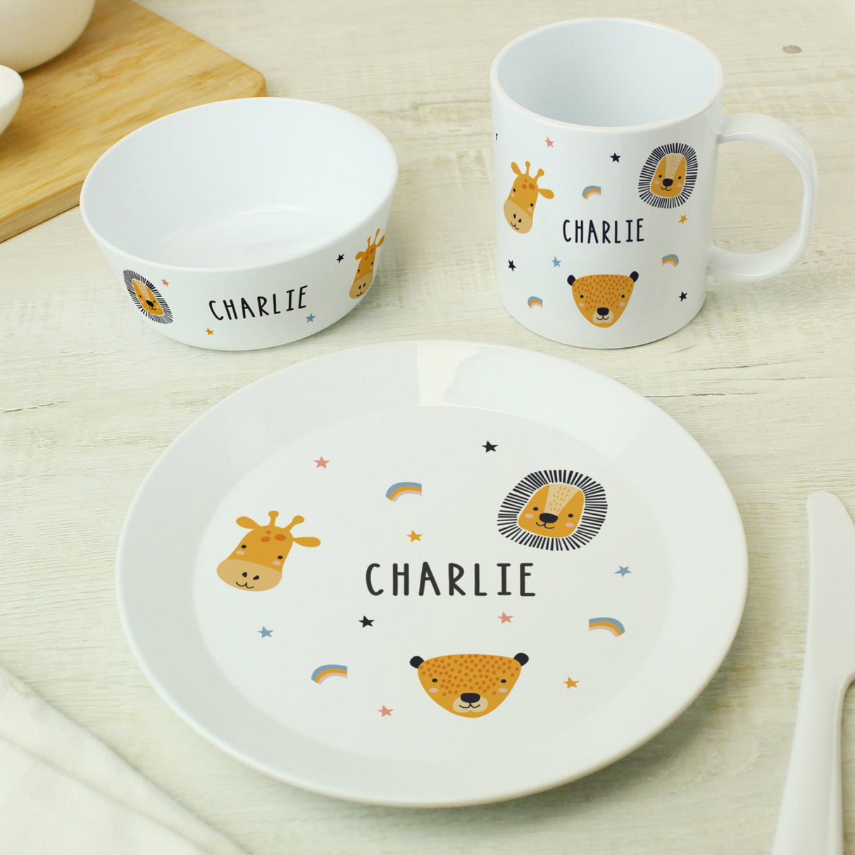 Personalised Safari Animals Plastic Childrens Breakfast Set: 4 - Tableware By Gift Moments