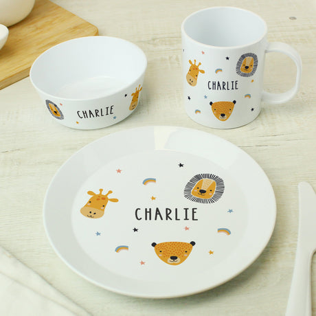 Personalised Safari Animals Plastic Childrens Breakfast Set: 4 - Tableware By Gift Moments