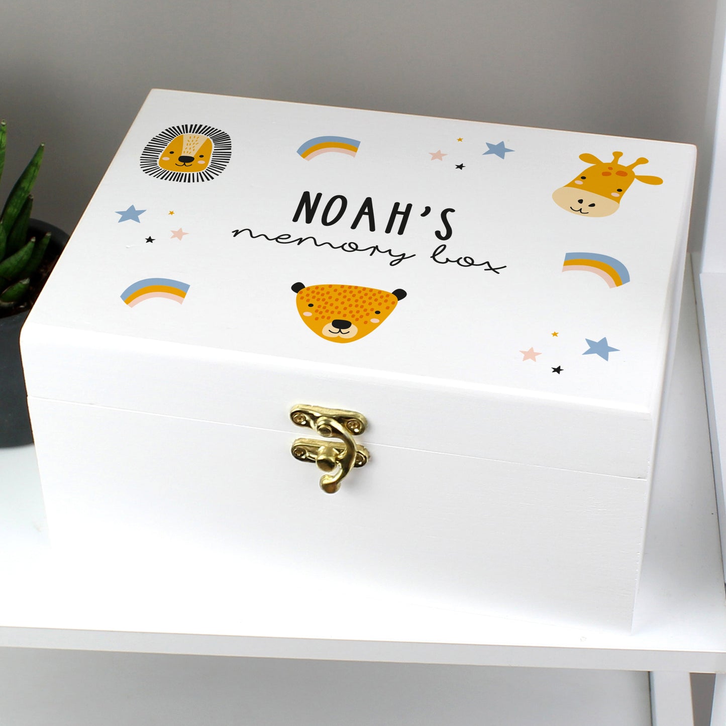 Personalised Safari Animals White Wooden Keepsake Box: 4 - Keepsake Boxes By Gift Moments