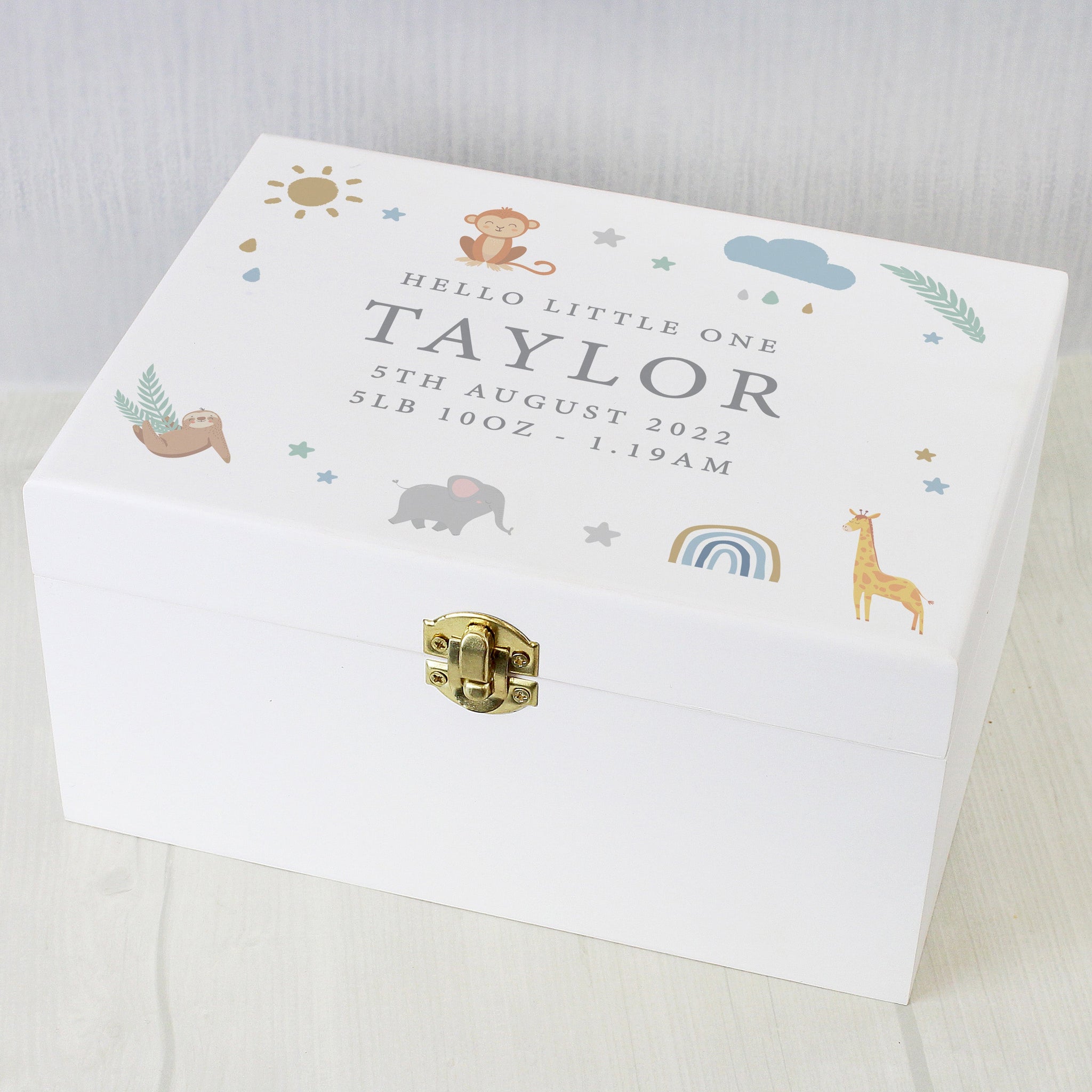 Personalised Safari Animals White Wooden Keepsake Box: 5 - Keepsake Boxes By Gift Moments