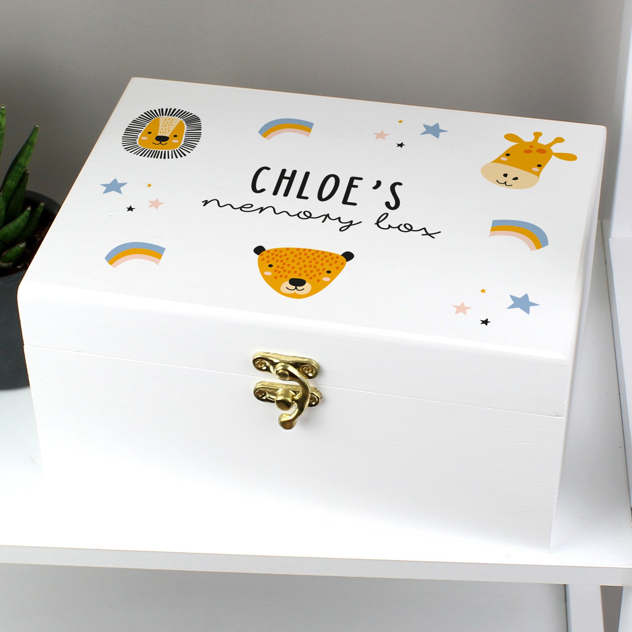 Personalised Safari Animals White Wooden Keepsake Box: 3 - Keepsake Boxes By Gift Moments