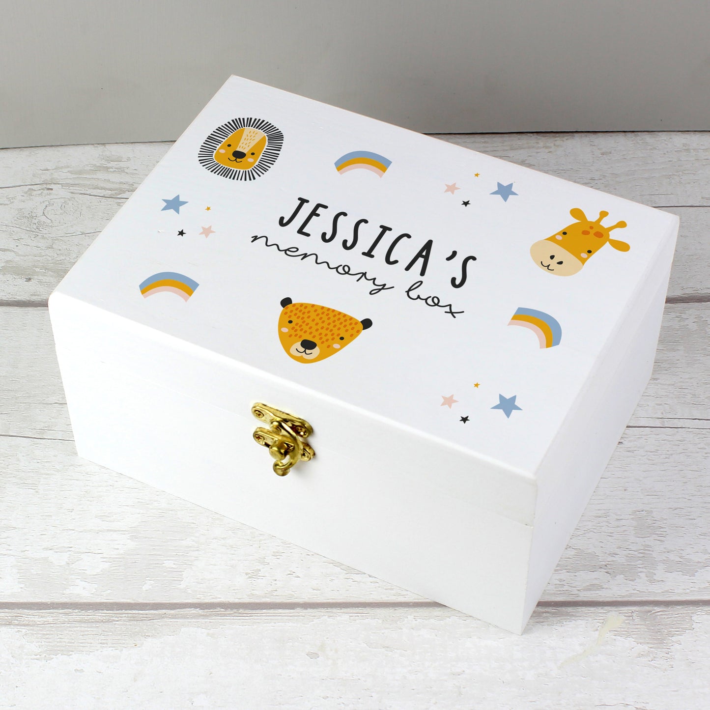 Personalised Safari Animals White Wooden Keepsake Box: 1 - Keepsake Boxes By Gift Moments