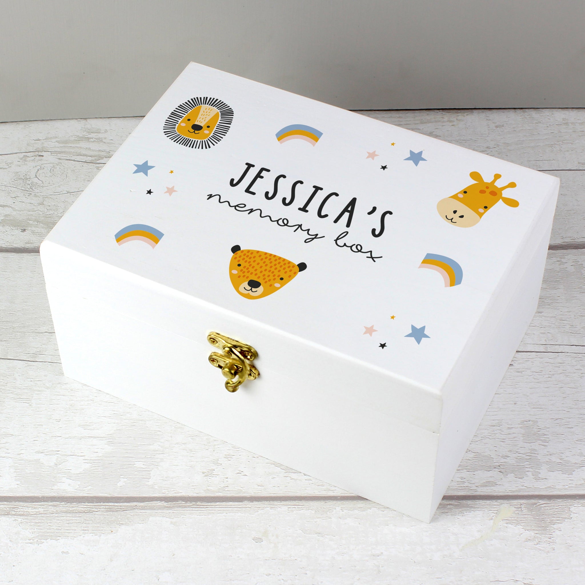 Personalised Safari Animals White Wooden Keepsake Box: 1 - Keepsake Boxes By Gift Moments