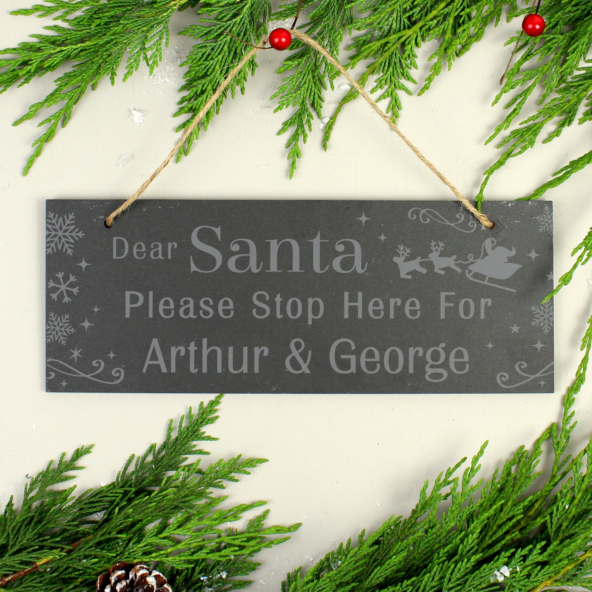 Personalised Santa Please Stop Here... Hanging Slate Sign: 1 - Signs & Plaques By Gift Moments