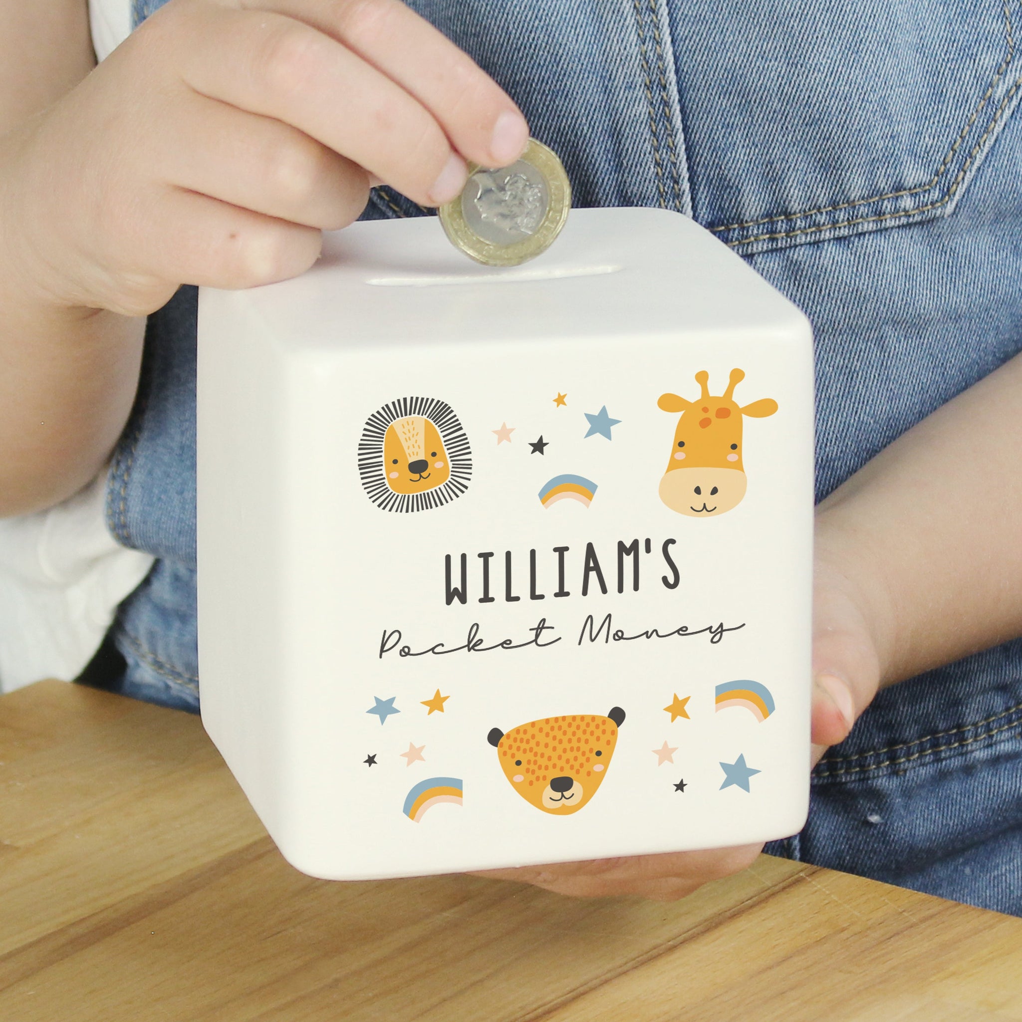 Personalised Scandi Safari Animals Ceramic Square Money Box: 2 - Money Boxes By Gift Moments