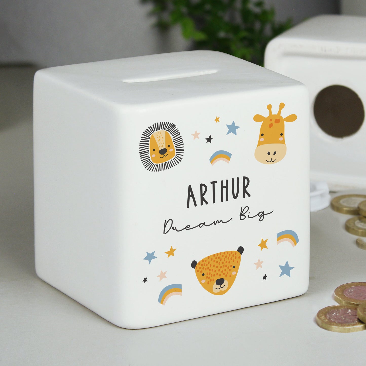 Personalised Scandi Safari Animals Ceramic Square Money Box: 1 - Money Boxes By Gift Moments