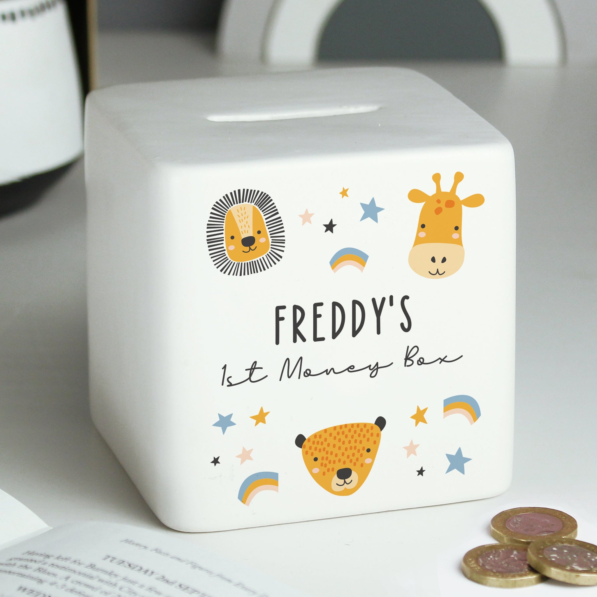 Personalised Scandi Safari Animals Ceramic Square Money Box: 5 - Money Boxes By Gift Moments