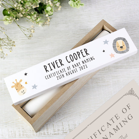 Personalised Scandi Safari Animals Wooden Certificate Holder: 5 - Certificate Holders By Gift Moments