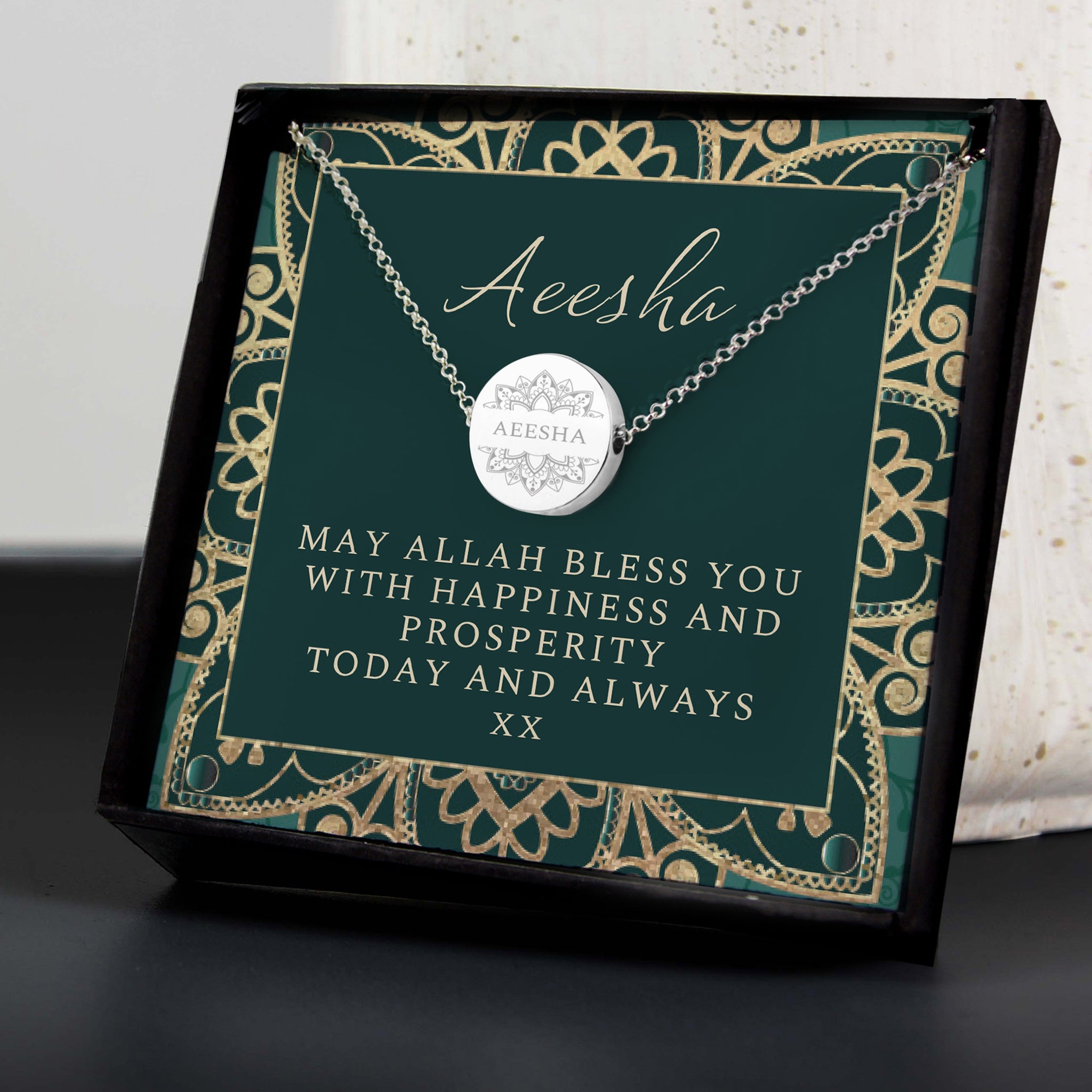 Personalised Sentiment Eid and Ramadan Disc Necklace and Box: 3 - Necklaces By Gift Moments