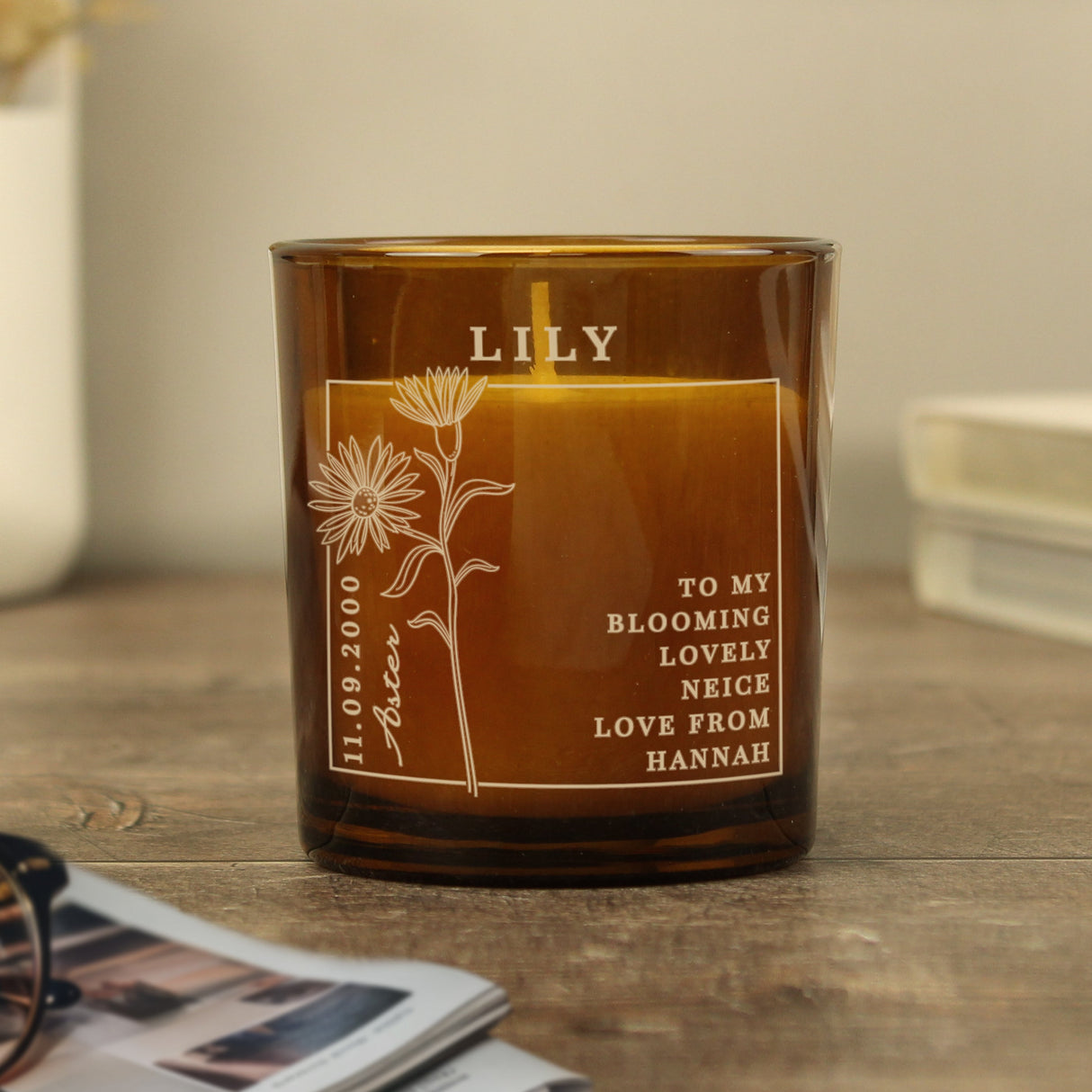 Personalised September Birth Flower Amber Glass Candle: 6 - Candles By Gift Moments
