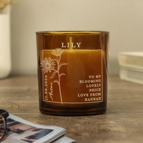 Personalised September Birth Flower Amber Glass Candle: 6 - Candles By Gift Moments