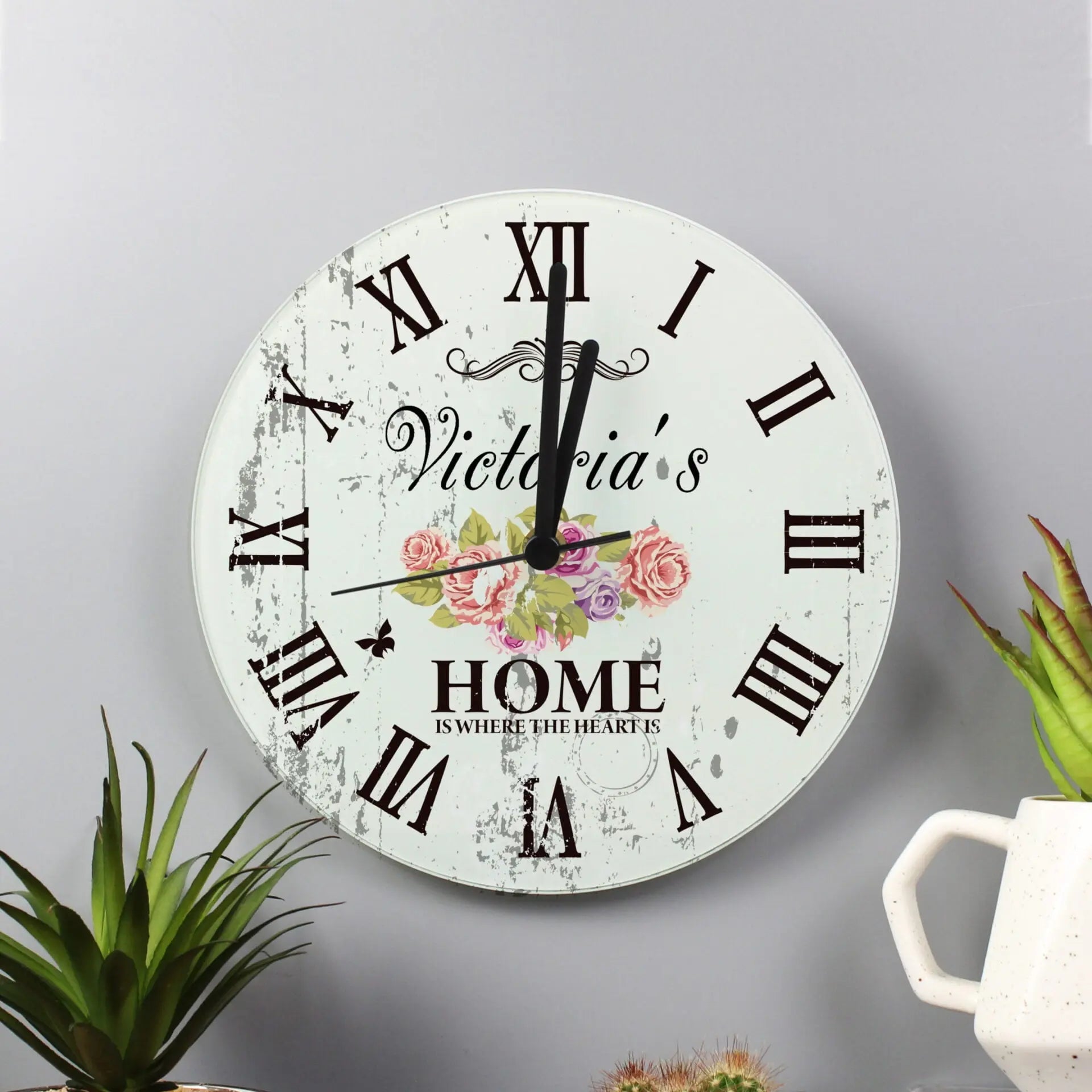 Personalised Shabby Chic Floral Glass Clock: 1 - Clocks By Gift Moments