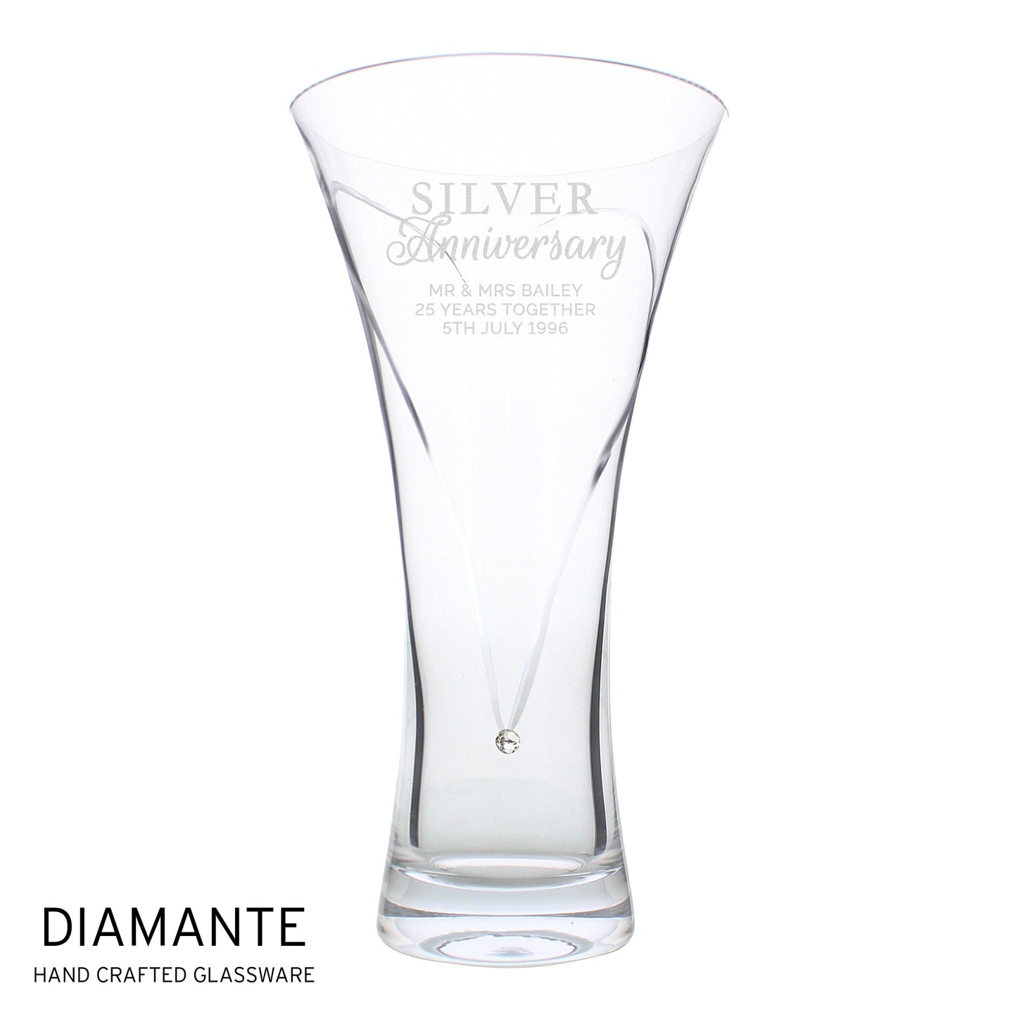 Personalised Silver Anniversary Large Hand Cut Diamante Heart Vase: 3 - Vases By Gift Moments
