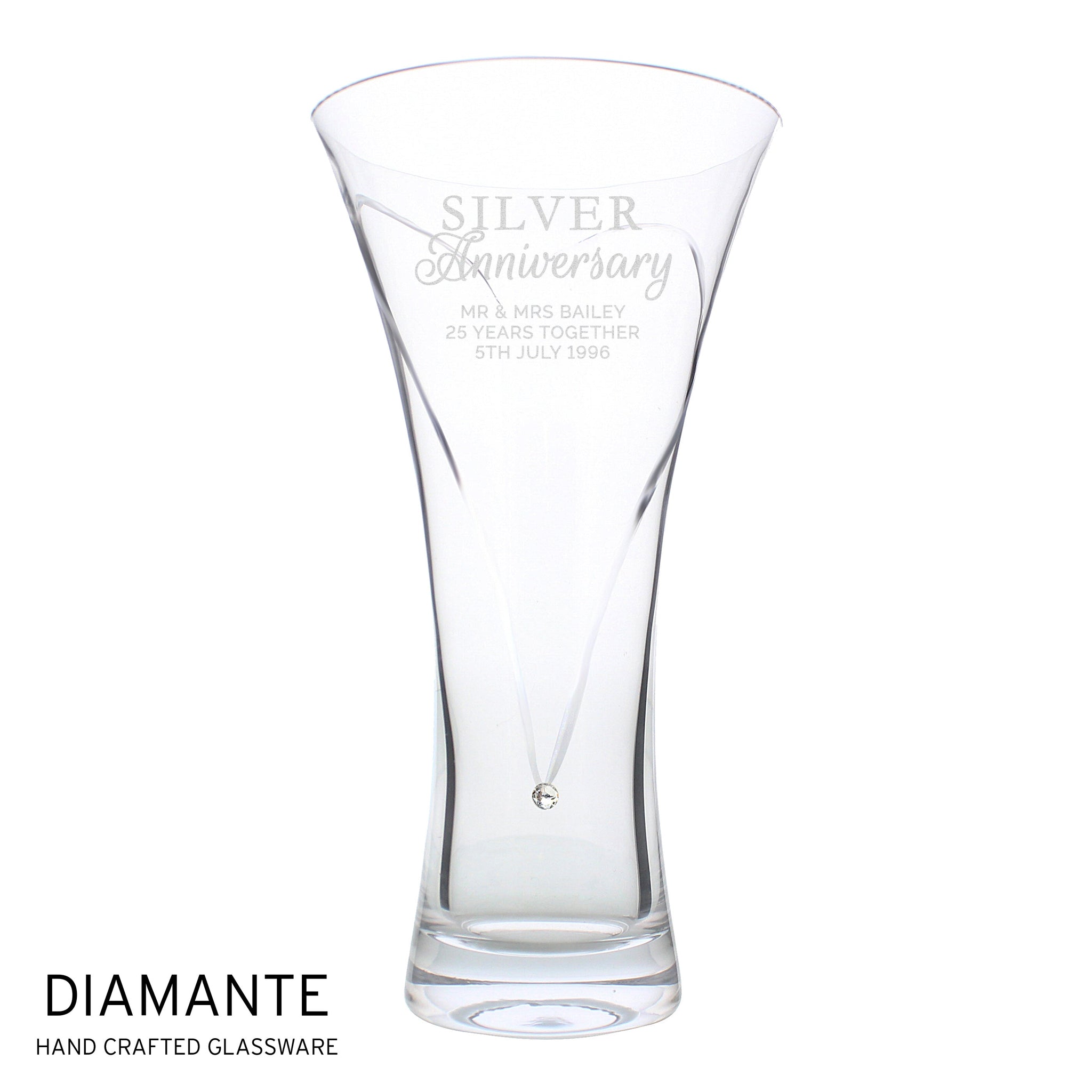 Personalised Silver Anniversary Large Hand Cut Diamante Heart Vase: 3 - Vases By Gift Moments