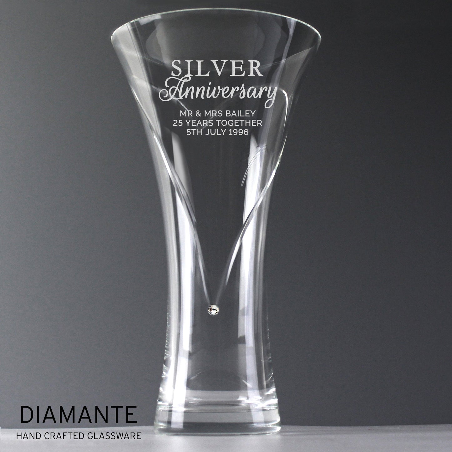 Personalised Silver Anniversary Large Hand Cut Diamante Heart Vase: 1 - Vases By Gift Moments