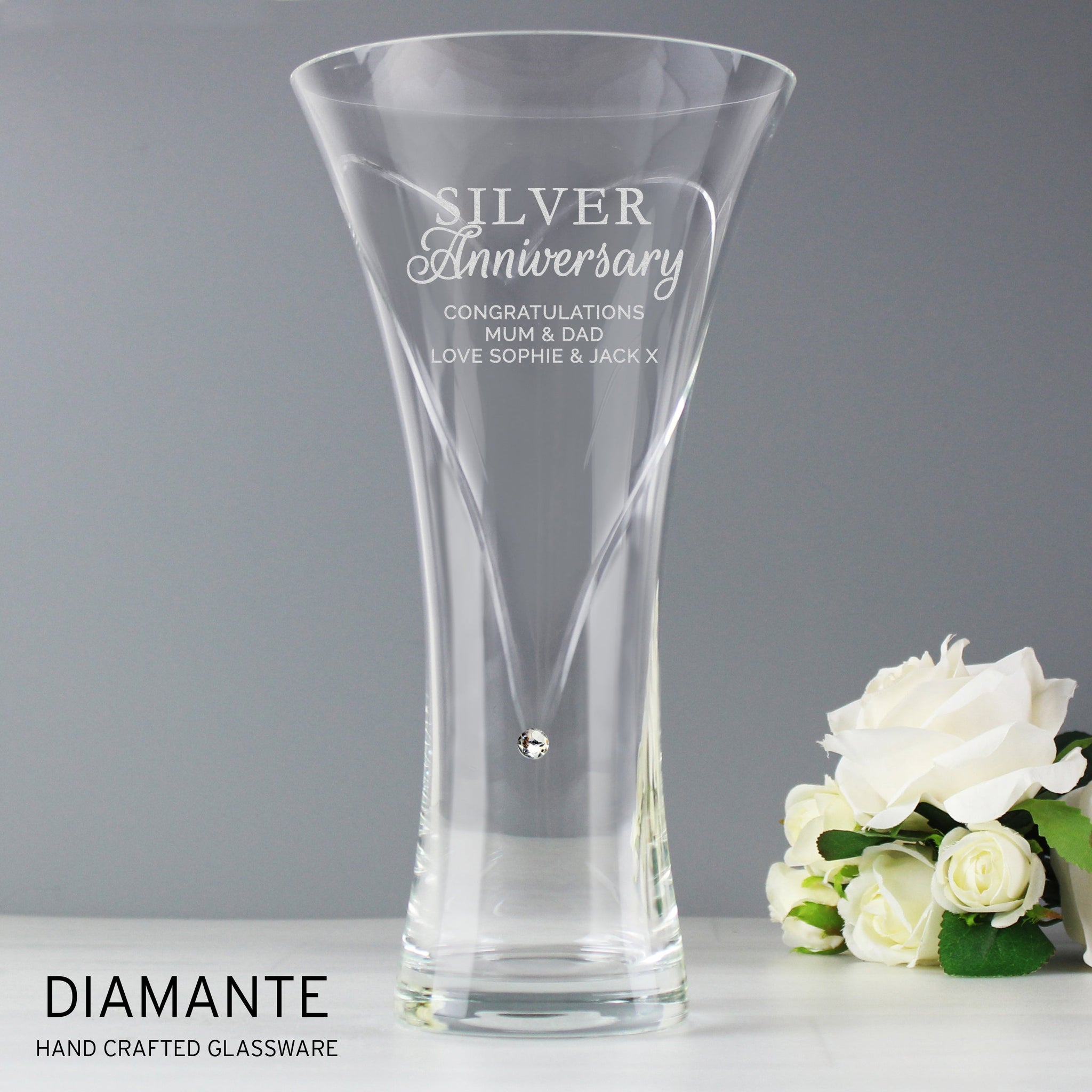 Personalised Silver Anniversary Large Hand Cut Diamante Heart Vase: 2 - Vases By Gift Moments