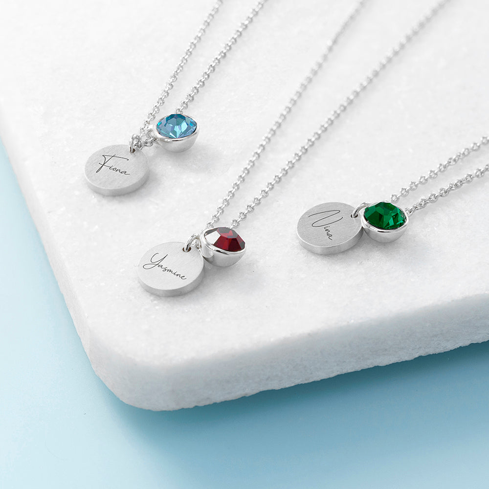 Personalised Silver Birthstone Crystal Disc Necklaces: 2 - Necklaces By Gift Moments
