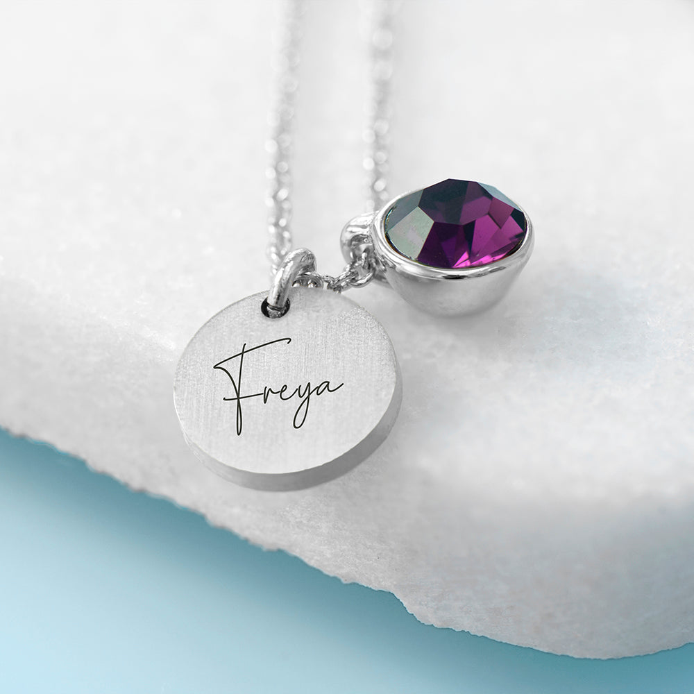 Personalised Silver Birthstone Crystal Disc Necklaces: 6 - February - Necklaces By Gift Moments