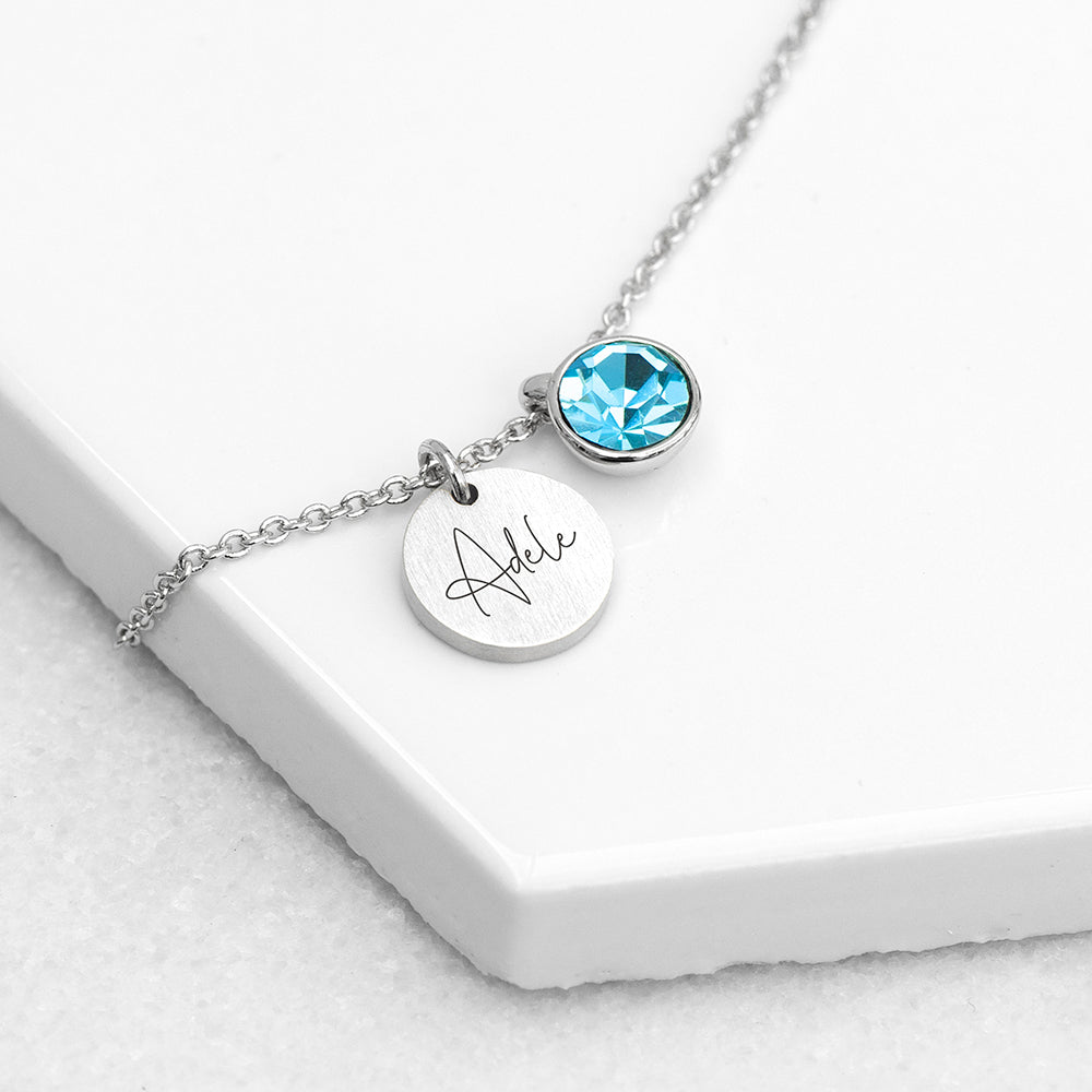 Personalised Silver Birthstone Crystal Disc Necklaces: 7 - March - Necklaces By Gift Moments