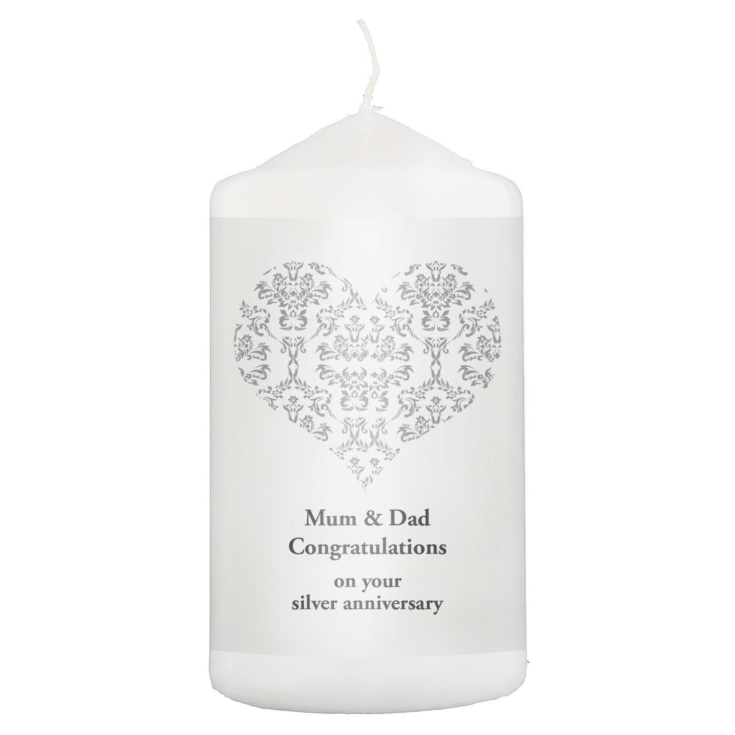 Personalised Silver Damask Heart Pillar Candle: 2 - Candles By Gift Moments