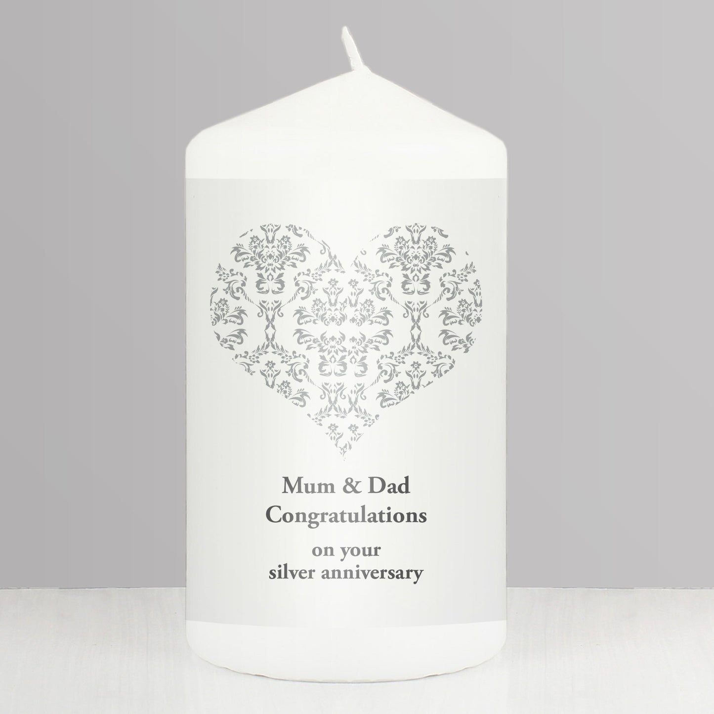 Personalised Silver Damask Heart Pillar Candle: 1 - Candles By Gift Moments
