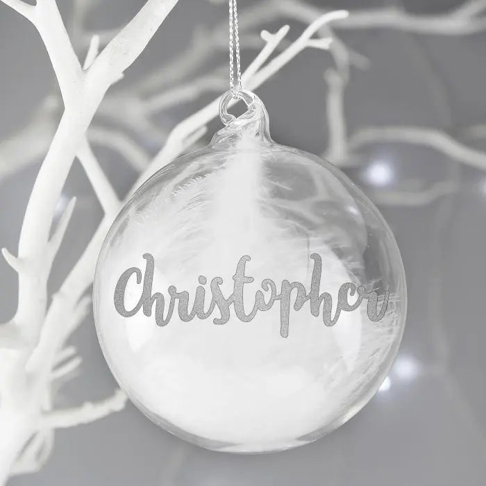 Personalised Silver Glitter Name Only Feather Glass Bauble: 4 - Christmas Baubles By Gift Moments