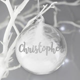 Personalised Silver Glitter Name Only Feather Glass Bauble: 4 - Christmas Baubles By Gift Moments
