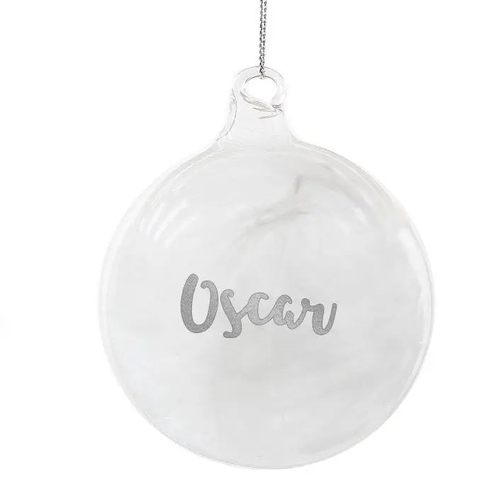 Personalised Silver Glitter Name Only Feather Glass Bauble: 6 - Christmas Baubles By Gift Moments