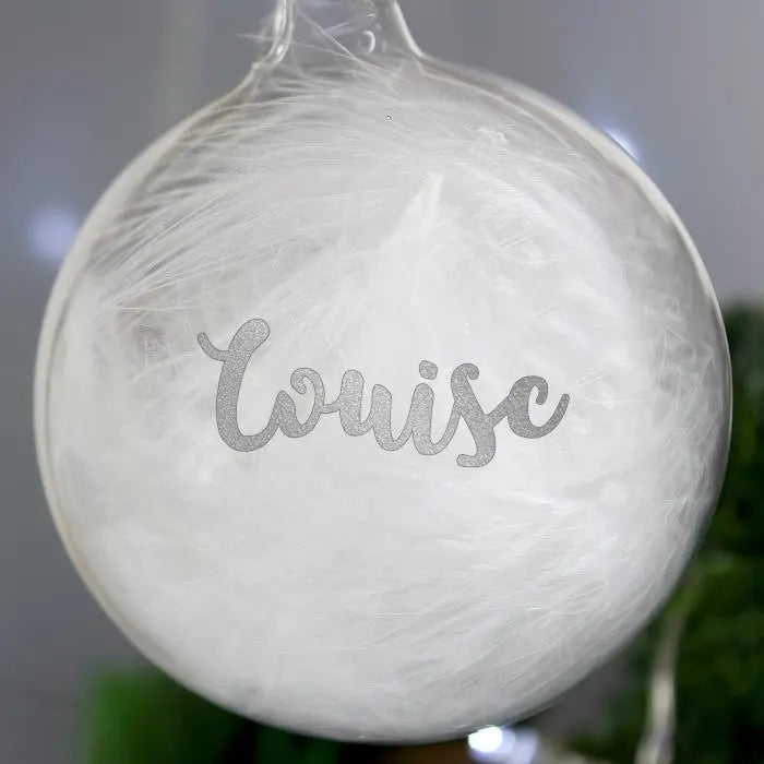 Personalised Silver Glitter Name Only Feather Glass Bauble: 2 - Christmas Baubles By Gift Moments
